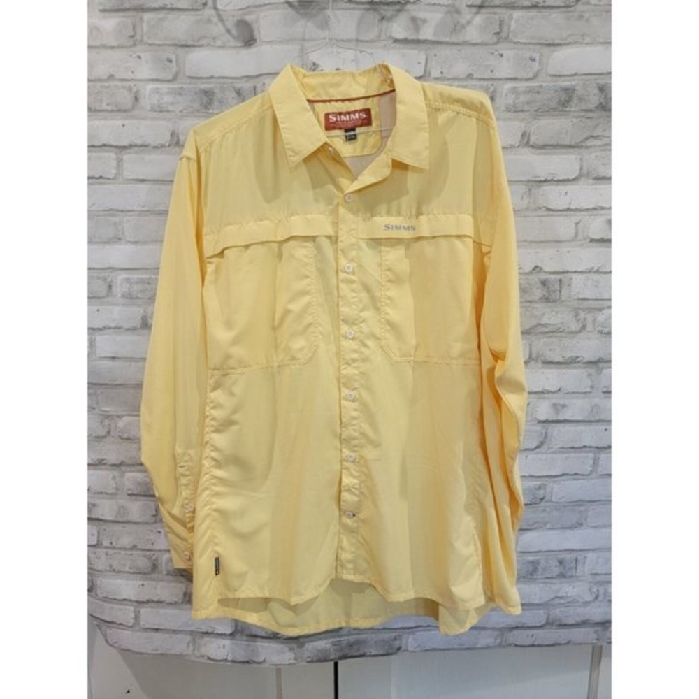 Simms Fishing Shirt Mens 2XL Canary Yellow Solid Long‎ Sleeve Button Vented